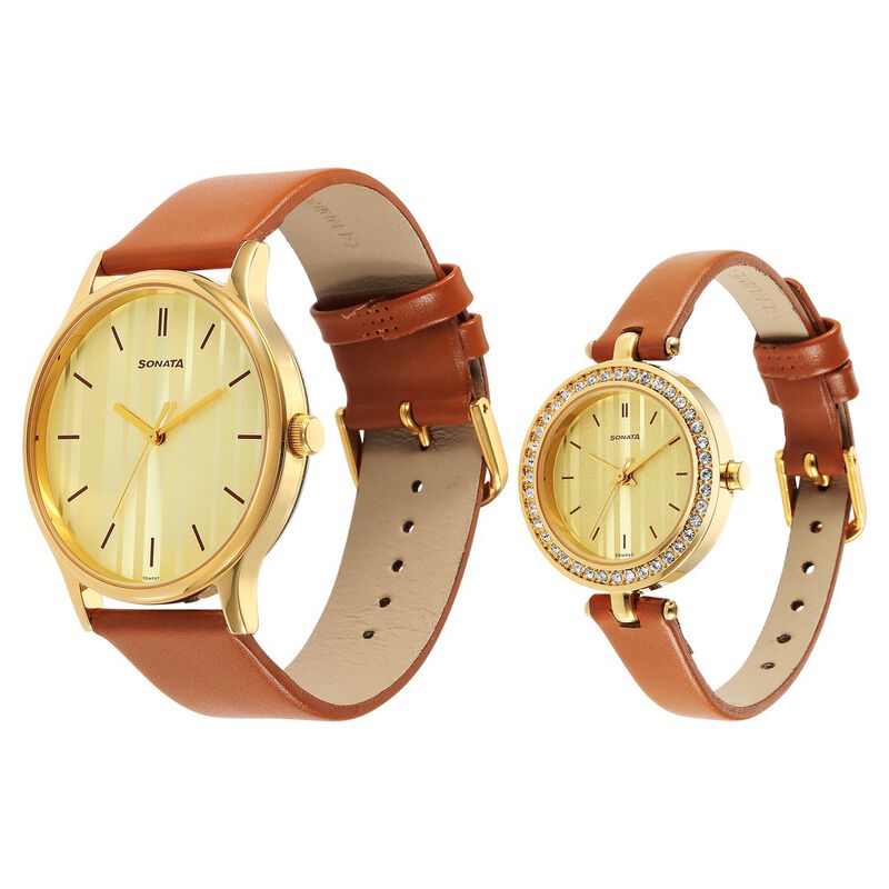 Sonata Quartz Analog Champagne Dial Leather Strap Watch for Couple