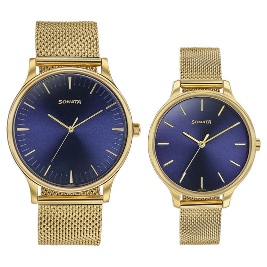 Sonata Modern Bandhan Quartz Analog Blue Dial Stainless Steel Strap Watch for Couple