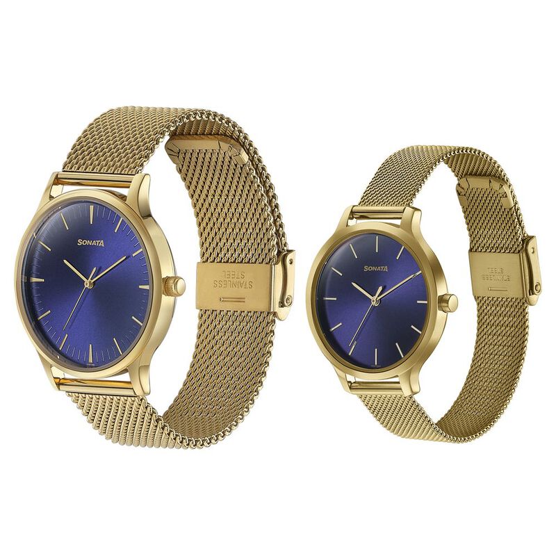 Sonata Modern Bandhan Quartz Analog Blue Dial Stainless Steel Strap Watch for Couple