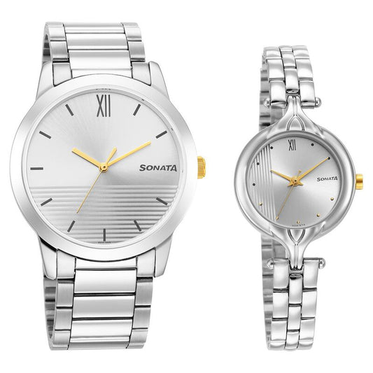 Sonata Quartz Analog Silver Dial Stainless Steel Strap Watch for Couple