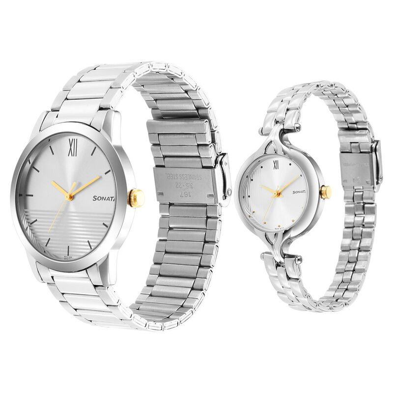 Sonata Quartz Analog Silver Dial Stainless Steel Strap Watch for Couple