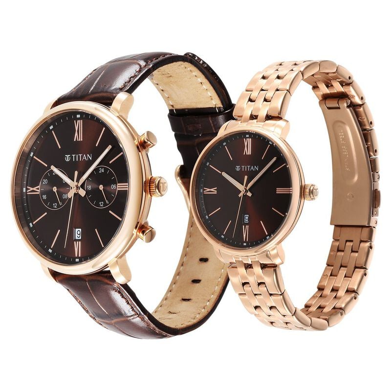 Titan Bandhan Quartz Analog with Date Brown Leather and Stainless Steel Strap for Couple