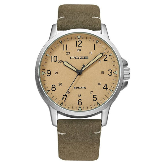 Poze by Sonata Quartz Analog Beige Dial PU Leather Strap Watch for Men