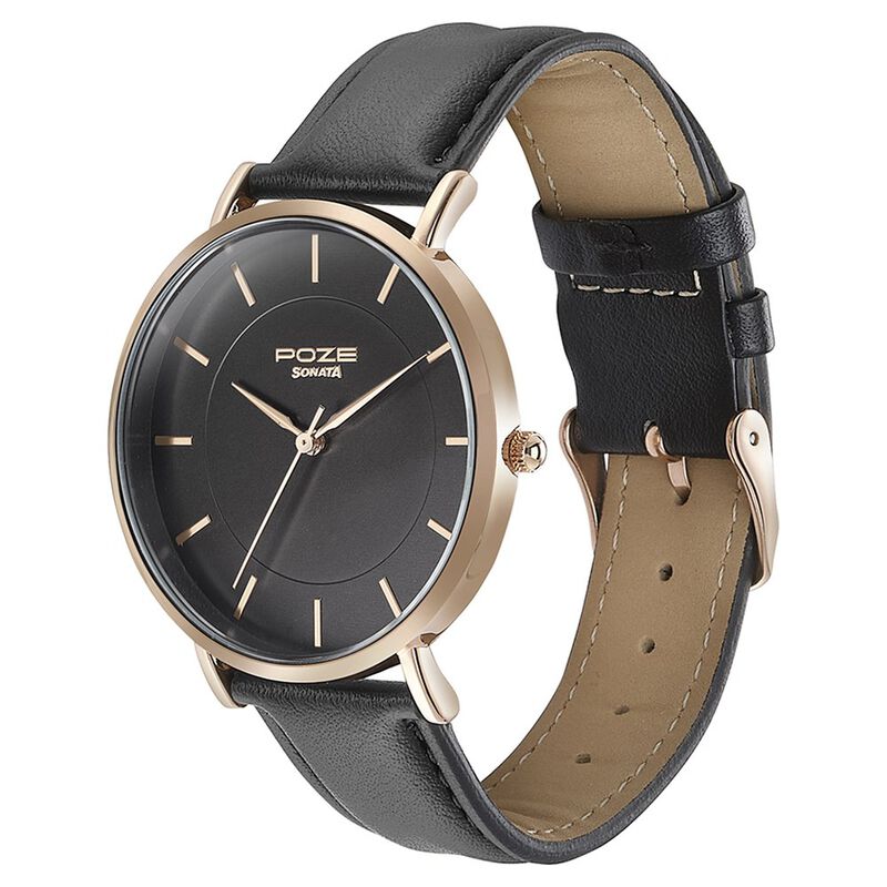 Sonata Poze Quartz Analog Black Dial Leather Strap Watch for Men