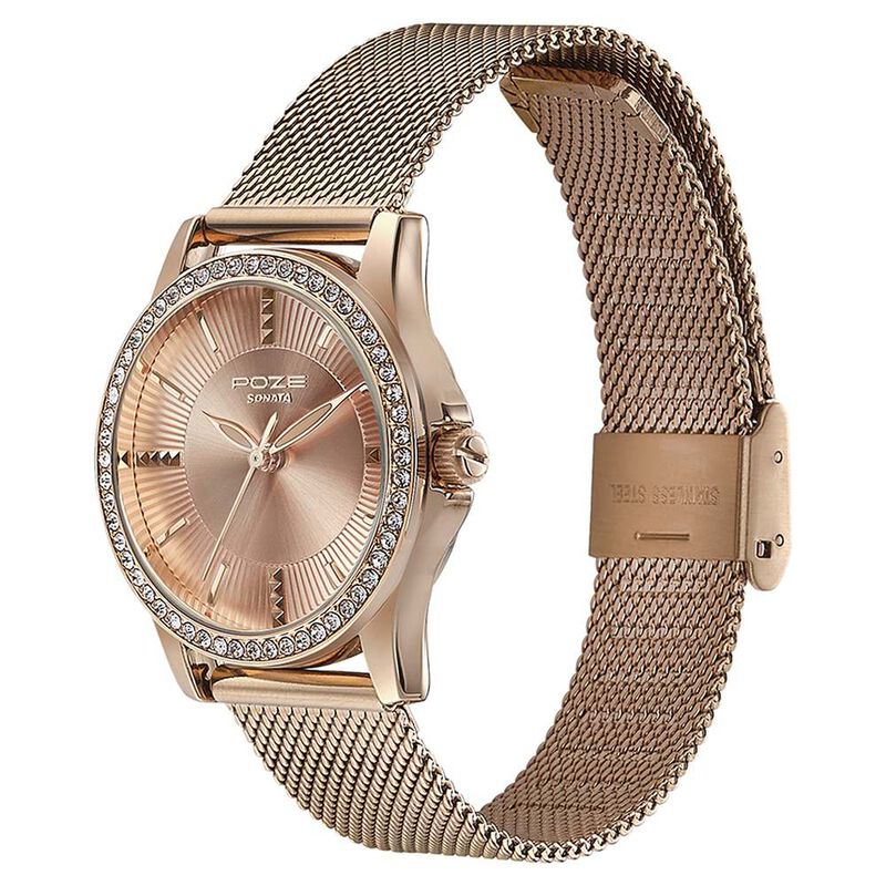 Sonata Poze Quartz Analog Rose Gold Dial Mesh Strap Watch for Women